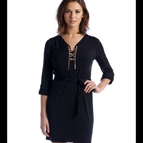 michael kors navy dress with gold chain|Michael Kors empire dress.